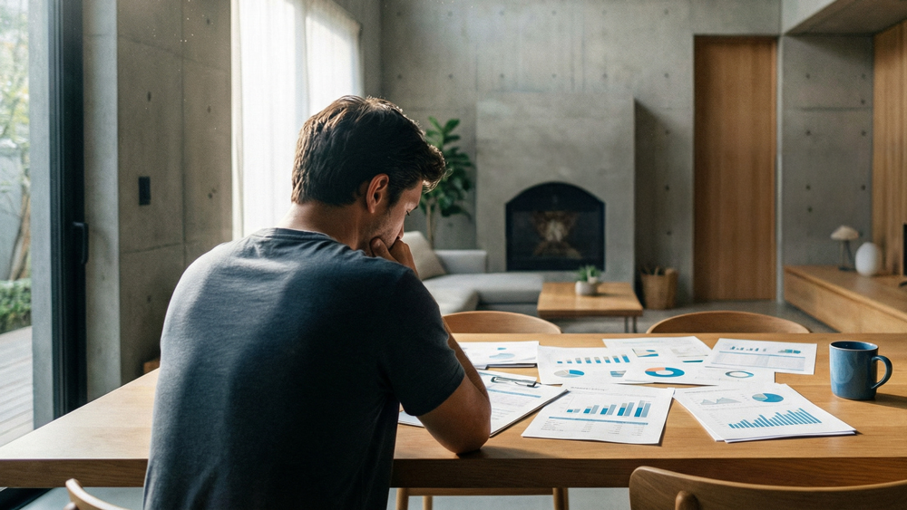 Joven adulto sentado frente a la mesa mientras evalúa una aserie de papeles con gráficas de presupuesto.
