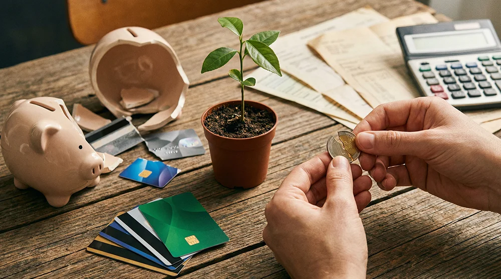 Alcancías y tarjetas de crédito rotas sobre una mesa.