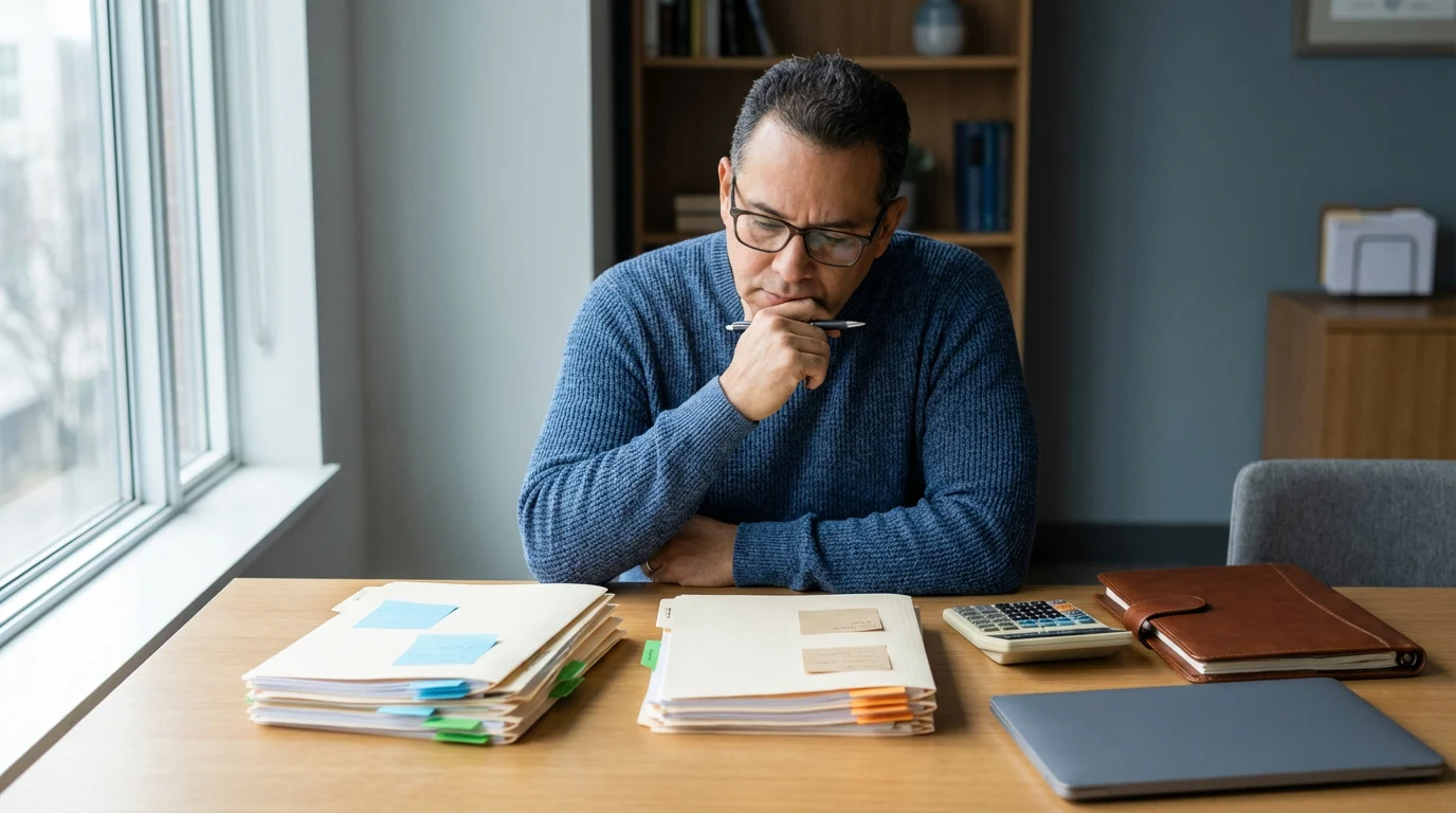 Persona adulta sentada en una mesa organizada, revisando documentos financieros divididos en dos grupos claramente separados.