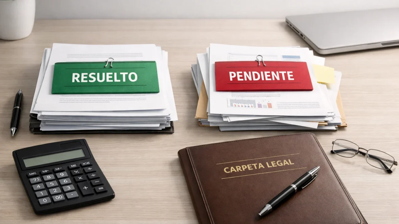Escritorio con dos grupos de documentos: uno marcado como “resuelto” y otro “pendiente”, junto con calculadora y carpeta legal.