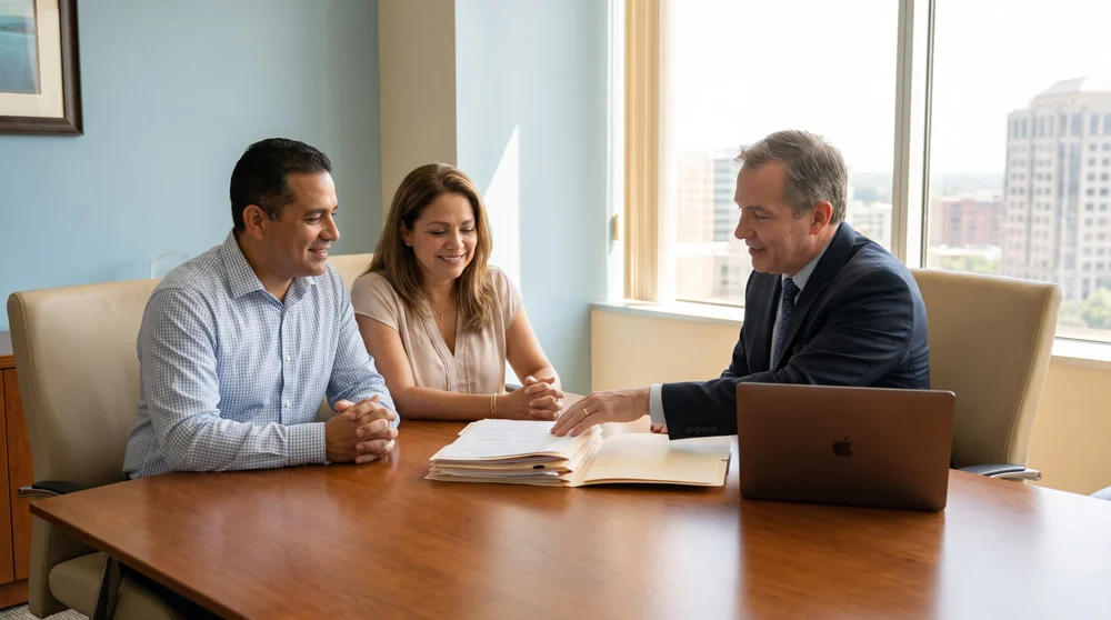 Fotografía editorial realista de una pareja puertorriqueña adulta sentada en una oficina legal moderna, escuchando atentamente a un abogado mientras revisan documentos financieros. La expresión de la pareja refleja alivio y esperanza después de una situación difícil. El ambiente es profesional, con iluminación cálida y natural que crea un aura acogedora. Los tonos son neutros y azules suaves, contribuyendo a la serenidad del entorno. El escritorio está limpio y organizado, con documentos bien dispuestos y una laptop cerrada, todo esto genera una sensación visual de tranquilidad, apoyo legal y un nuevo comienzo financiero.