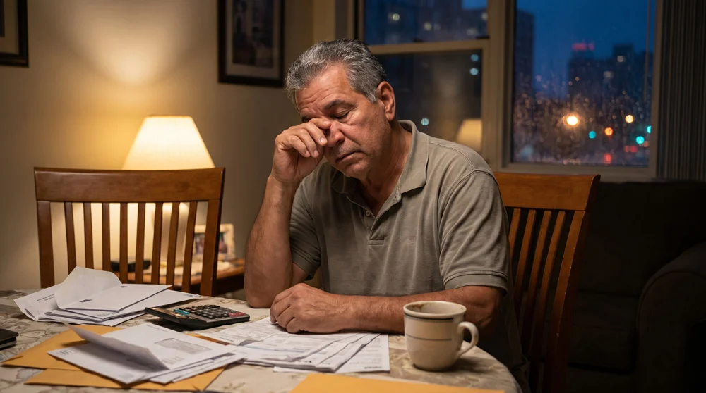 Fotografía editorial realista de una persona adulta puertorriqueña sentada sola en una mesa de comedor durante la noche, revisando facturas y documentos financieros con expresión de agotamiento y reflexión. Sobre la mesa hay calculadora, sobres abiertos y una taza de café. A través de una ventana entra luz tenue de ciudad nocturna. La escena transmite preocupación financiera pero también esperanza y posibilidad de tomar acción.
