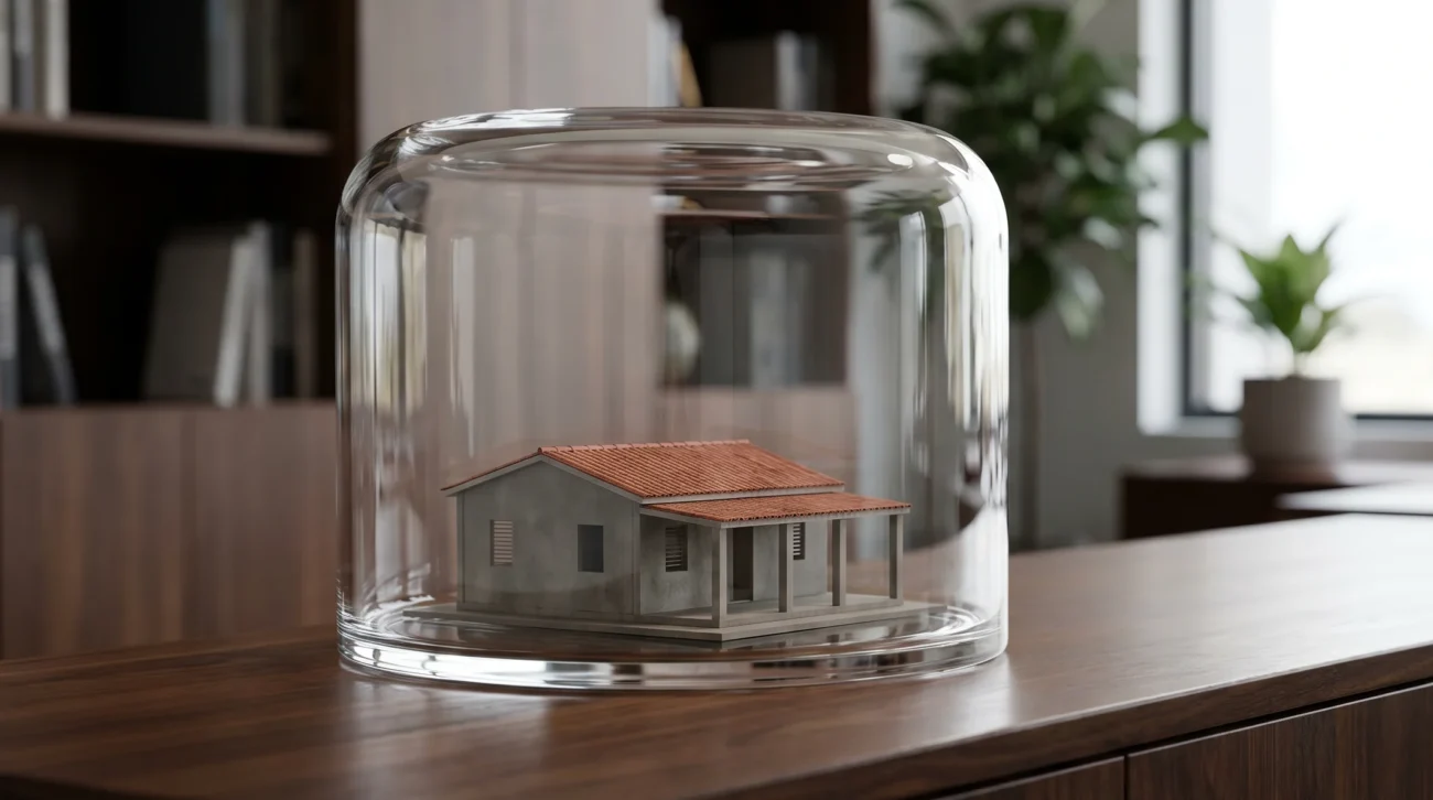 Una maqueta arquitectónica detallada y bellamente elaborada de una clásica casa puertorriqueña de hormigón, colocada de forma segura dentro de una pesada campana de cristal transparente.